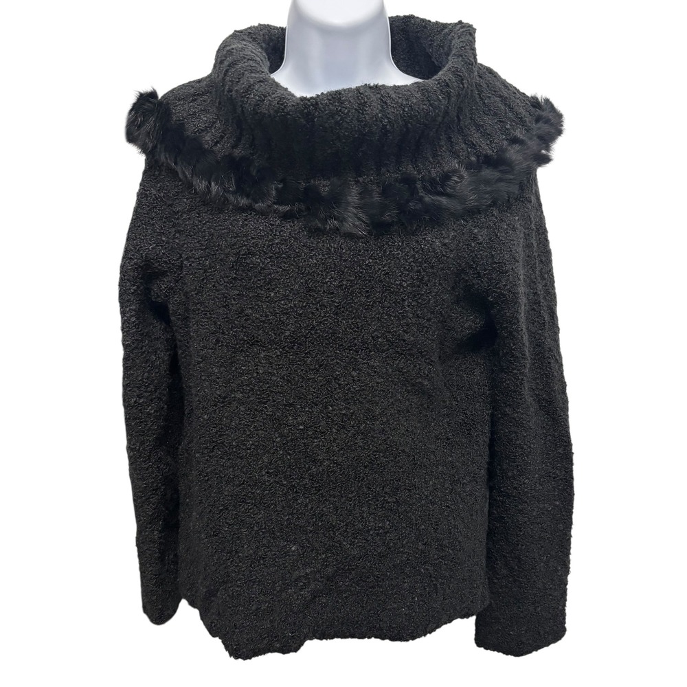 Escapade Black Boucle Knit‎ Rabbit Fur Trim Cowl Neck Sweater Medium